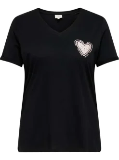 T-shirt en coton biologique noir uni pourvu d'un coeur imprimé sur la poitrine