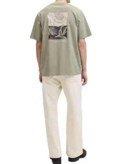 T-shirt en coton biologique olive imprimé à coupe droite pourvu d'un col rond