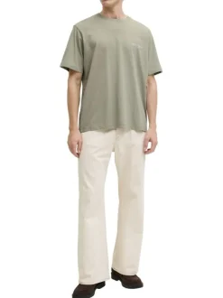 T-shirt en coton biologique olive imprimé à coupe droite pourvu d'un col rond