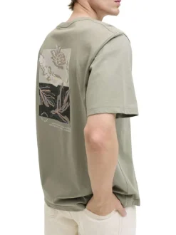 T-shirt en coton biologique olive imprimé à coupe droite pourvu d'un col rond