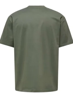 T-shirt en coton biologique olive uni à coupe droite et col rond