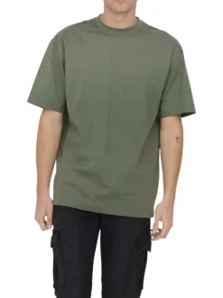 T-shirt en coton biologique olive uni à coupe droite et col rond