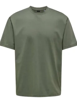 T-shirt en coton biologique olive uni à coupe droite et col rond