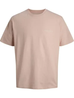 T-shirt en coton biologique rose imprimé à coupe droite pourvu d'un col rond