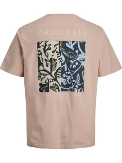 T-shirt en coton biologique rose imprimé à coupe droite pourvu d'un col rond