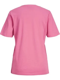 T-shirt en coton biologique rose uni avec un col rond et le nom de la marque