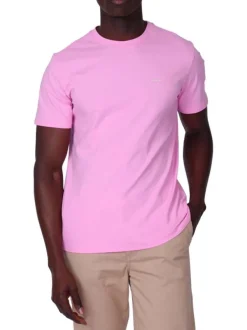 T-shirt en coton biologique rose uni avec une coupe droite et un col rond