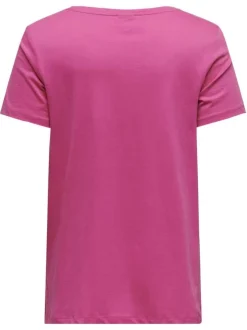T-shirt en coton biologique rose uni coupe droite avec un col v