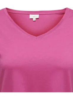 T-shirt en coton biologique rose uni coupe droite avec un col v