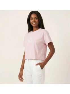T-shirt en coton biologique rose uni pourvu de broderies coquillages