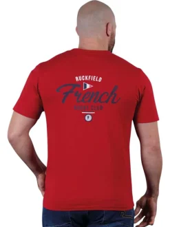 T-shirt en coton biologique rouge imprimé avec une coupe droite et un col rond