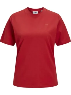T-shirt en coton biologique rouge uni avec un col rond et le nom de la marque
