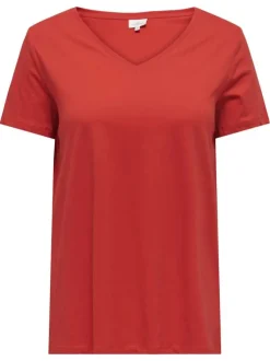 T-shirt en coton biologique rouge uni coupe droite avec un col v