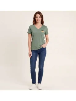 T-shirt en coton biologique vert uni pourvu d'un bisou imprimé sur la poitrine