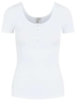 T-shirt en coton blanc avec 4 boutons argentés coupe ajustée et col rond