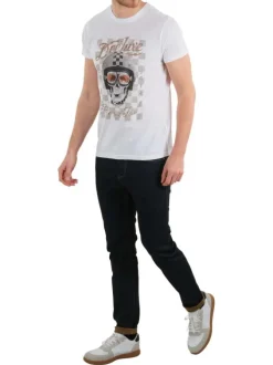 T-shirt en coton blanc avec un col rond et nom de la marque floqué à la poitrine