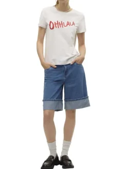 T-shirt en coton blanc avec une écriture pailletée et un col rond