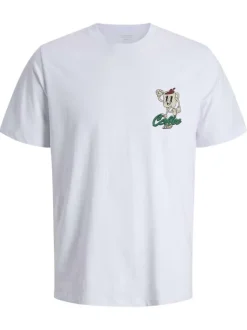 T-shirt en coton blanc avec une tasse imprimée et un col rond