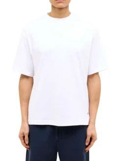 T-shirt en coton blanc avec un grand imprimé bleu au dos et une coupe oversize