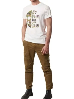 T-shirt en coton blanc avec un imprimé militaire à l'avant et un col rond
