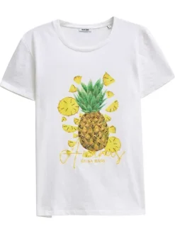 T-shirt en coton blanc chiné et imprimé à l'avant avec des strass et un col rond