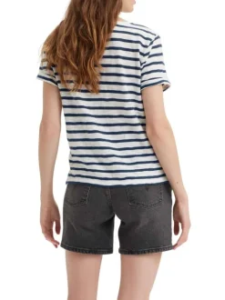 T-shirt en coton blanc chiné à rayures bleues marine avec un col rond