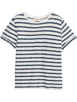 T-shirt en coton blanc chiné à rayures bleues marine avec un col rond