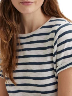 T-shirt en coton blanc chiné à rayures bleues marine avec un col rond