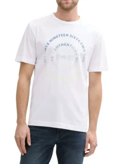T-shirt en coton blanc à col rond avec un gros imprimé coloré rond à l'avant