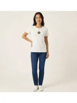 T-shirt en coton blanc à coupe ajustée pourvu d'un col rond côtelé
