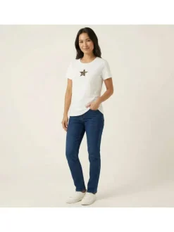 T-shirt en coton blanc à coupe ajustée pourvu d'un col rond côtelé