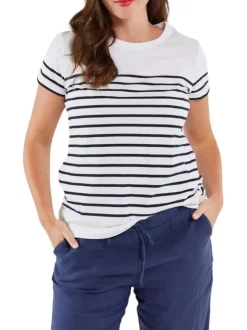 T-shirt en coton blanc coupe droite avec un col rond et rayures fines imprimées