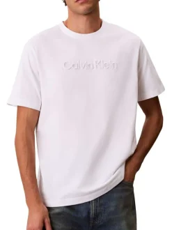 T-shirt en coton blanc à coupe droite pourvu d'un col rond en maille piquée
