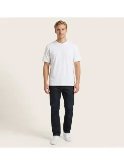 T-shirt en coton blanc à coupe droite pourvu d'un col rond finement côtelé