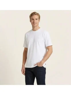 T-shirt en coton blanc à coupe droite pourvu d'un col rond finement côtelé