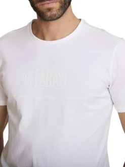 T-shirt en coton blanc à coupe droite pourvu d'un col rond texturé