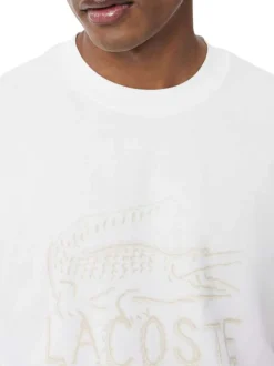 T-shirt en coton blanc à coupe droite pourvu d'un col rond texturé