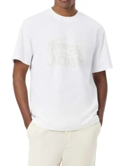 T-shirt en coton blanc à coupe droite pourvu d'un col rond texturé