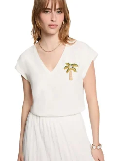 T-shirt en coton blanc à coupe droite pourvu d'un col v et de manches courtes