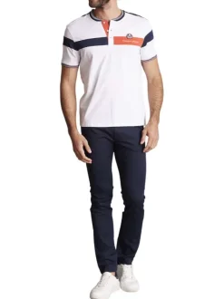 T-shirt en coton blanc et bleu marine uni à col rond fermé par des boutons