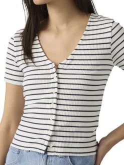 T-shirt en coton blanc et marine à rayures pourvu d'une fermeture boutonnée
