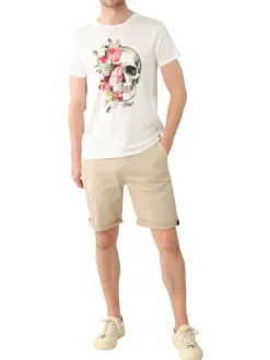 T-shirt en coton blanc fleuri avec une coupe droite et un col rond