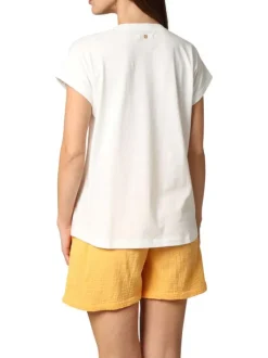 T-shirt en coton blanc imprimé avec un col v et une coupe droite