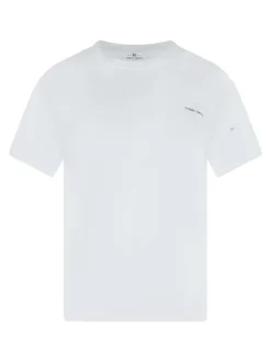 T-shirt en coton blanc imprimé avec une coupe droite à col rond et un soleil