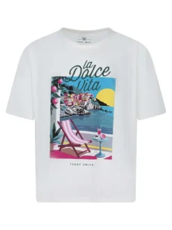 T-shirt en coton blanc à imprimé avec une coupe droite et un col rond
