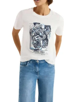 T-shirt en coton blanc à imprimé avec une coupe droite et un col rond