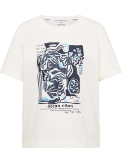 T-shirt en coton blanc à imprimé avec une coupe droite et un col rond