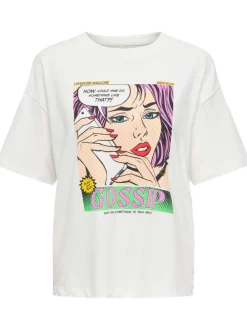 T-shirt en coton blanc imprimé coupe droite avec un col rond