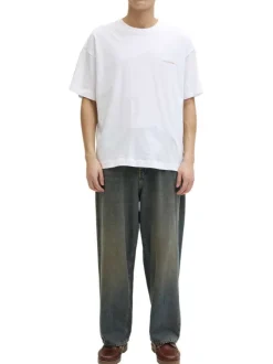 T-shirt en coton blanc imprimé à coupe droite pourvu d'un col rond