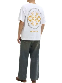 T-shirt en coton blanc imprimé à coupe droite pourvu d'un col rond